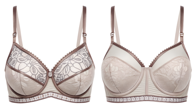 Elegant lace bra with floral design and adjustable straps on transparent background displaying luxurious fashion