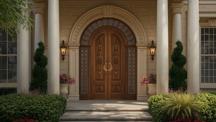 Grand Classical House Entrance with Ornate Wooden Doors and Columns Elegant Home Facade Featuring Carved Double Doors and Portico Design Luxury Residential Entryway with Symmetrical Architecture
