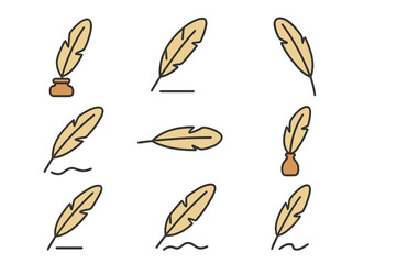 Quill feather pen icon set with inkwell. Minimal linear pictogram for web design, apps, cards. Vector cartoon illustration of writing, literature, history, law, author, poet.
