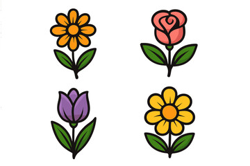 Set of cute cartoon flower icons. Simple floral vector illustration collection. Includes rose, tulip, daisy, sunflower. Spring nature graphic design elements for stickers.