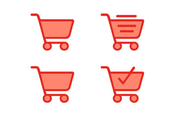Shopping cart vector icon set. Red minimal flat design symbols for e-commerce and online store. Add to cart, checkout, and purchase confirmation pictogram for web and mobile apps UI.