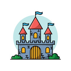 Fototapeta premium Fantasy Castle Illustration with Red Roofs and Blue Flags Isolated on White Background for Childrens Stories and Games