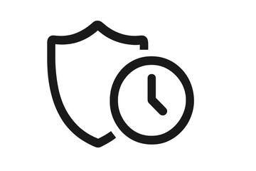 Time protection icon concept. Shield and clock symbol for security, safety, and warranty. Vector illustration for long-term guarantee, deadline, and 24/7 service concepts.