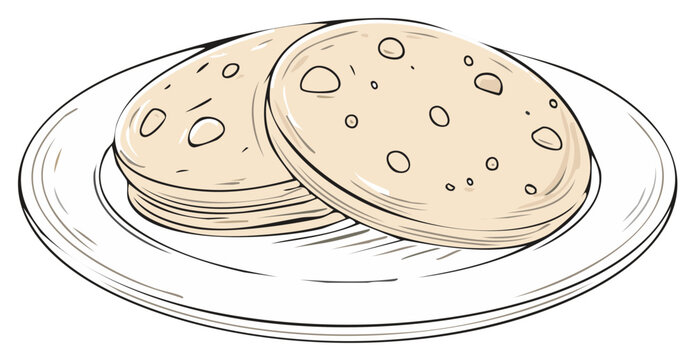 Hand drawn illustration of two pieces of traditional flatbread stacked on a white plate