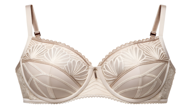 Luxurious beige bra featuring intricate embroidery and design elements isolated on transparent background