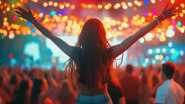 Crowd enjoys vibrant music festival under colorful lights during summer evening celebration