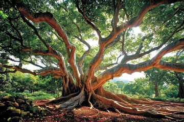Fototapeta premium Large tree multiple branches roots is located forested and hanging