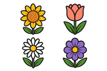 Flower icon set. Cute cartoon floral collection. Vector illustration of simple flat design elements. Includes sunflower, tulip, daisy. Isolated natural plant graphics for logos.