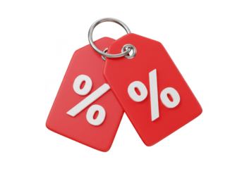 Two red sale tags with percent symbols isolated on transparent background