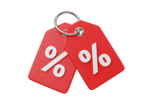 Two red sale tags with percent symbols isolated on transparent background
