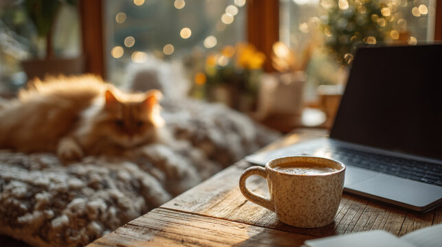 Cozy home interior with cat lying on blanket warm coffee mug laptop and lights autumn winter holiday comfort lifestyle work from home