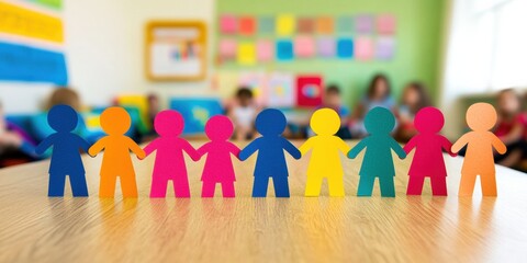 Group colorful paper cutouts people holding hands circle Rainbow