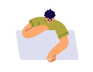 Man holding blank sign board. Young male character leaning, peeking from behind clean empty horizontal banner, signboard in hands, looking down. Flat vector illustration isolated on white background