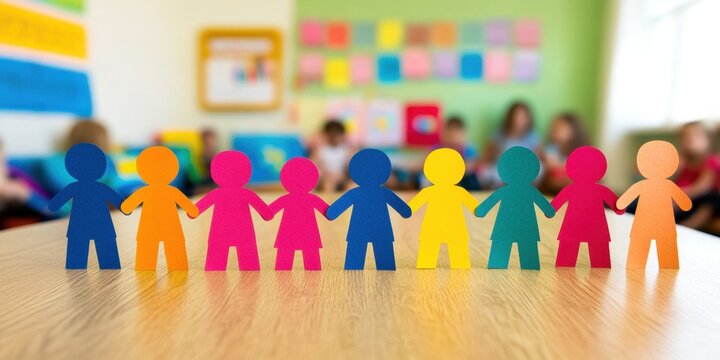 Group colorful paper cutouts people holding hands circle Rainbow