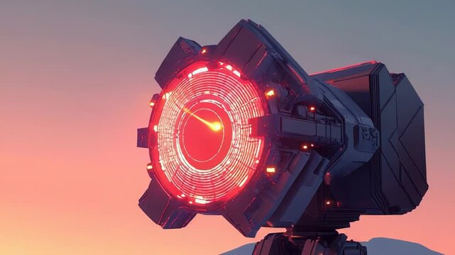 Futuristic turret charging energy weapon at dusk in desolate landscape