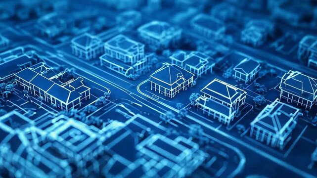 Futuristic blueprint of a suburban neighborhood projecting growth and development