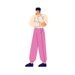 Happy man thinking with hand on chin. Young male character with joyful expression, smiling at idea, looking down with thoughtful curious emotion. Flat vector illustration isolated on white background