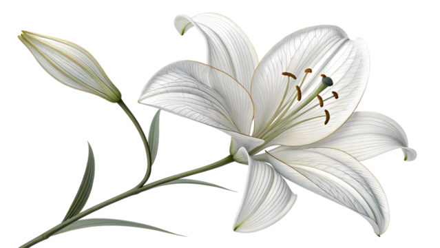 Elegant close up of a delicate white lily flower with detailed lines and a budding bloom on a stem isolated on transparent background. - Powered by Adobe