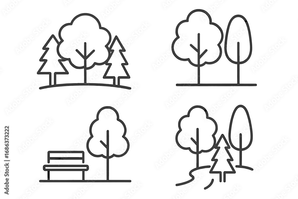Poster forest, trees, and park simple outline icon set. collection of linear vector graphics. editable stro
