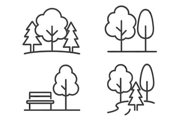 Forest, trees, and park simple outline icon set. Collection of linear vector graphics. Editable stroke. Nature, landscape, outdoors, ecology, and recreation concepts.