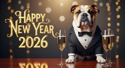 English bulldog wearing tuxedo celebrating Happy New Year 2026