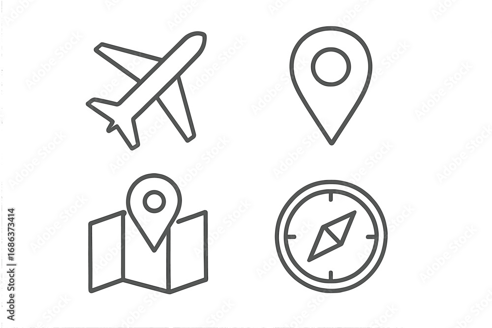 Poster travel and navigation icon set. line art symbols for web and graphic design. vector icons of airplan