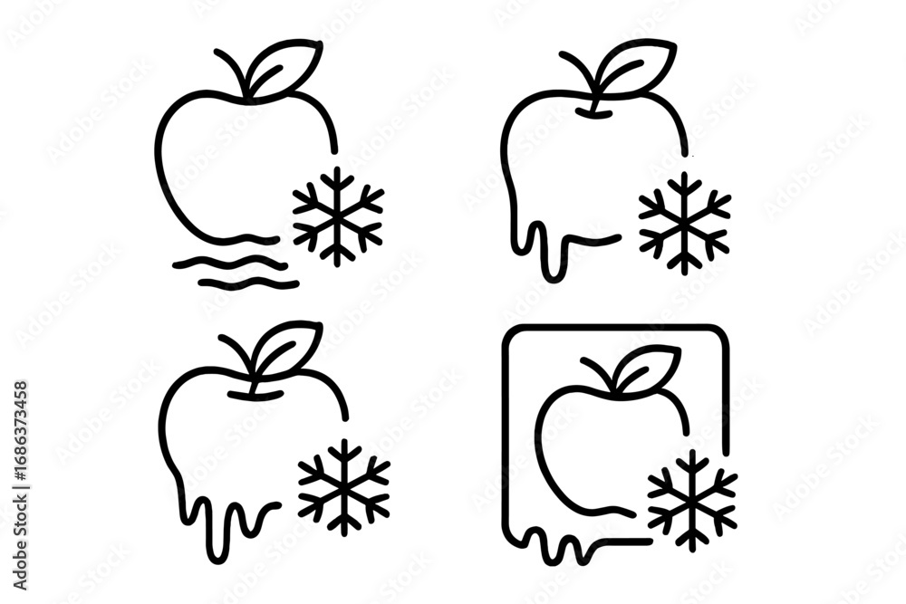 Poster frozen apple icon set. simple line art vector collection of cold and melting fruit with snowflakes. 