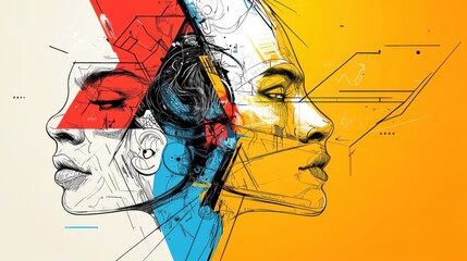 Naklejka premium Hand-Drawn Geometric Illustration of Two Female Faces in Profile