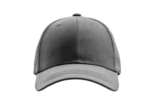 Gray baseball cap, front view.  A plain, dark gray baseball cap is centered against a black background.  The cap is a standard style, featuring a curved visor and adjustable strap