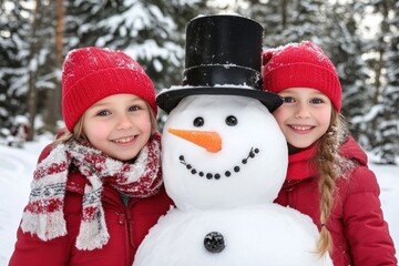 Two young girls standing next to snowman snowy adorable little