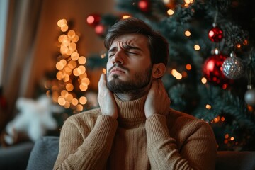 Young man sitting on a sofa at home near a Christmas tree, feeling a strong pain in his throat, holding his neck, as he battles illness during the winter holidays, Generative AI