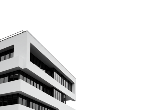 Modern architecture building exterior monochromatic design white structure geometric lines transparent background