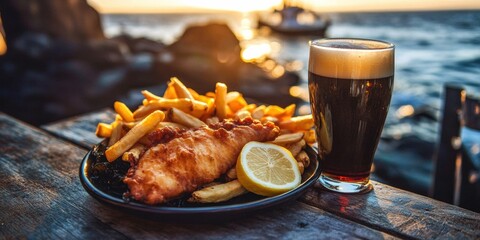 Plate fish chips wooden table glass dark beer Delicious
