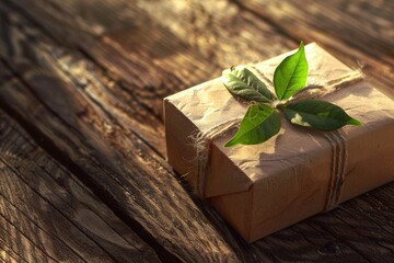 High Detail Picture of Small Gift Box with Tied Green Leaflet on Brown Table