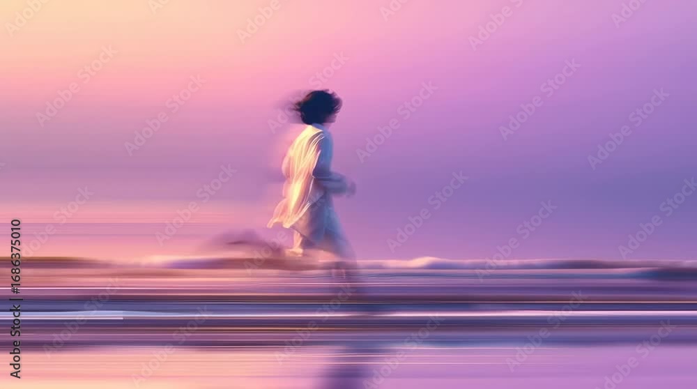 Poster dreamlike motion blur of a woman running with glowing pastel streaks creating a surreal and dynamic 