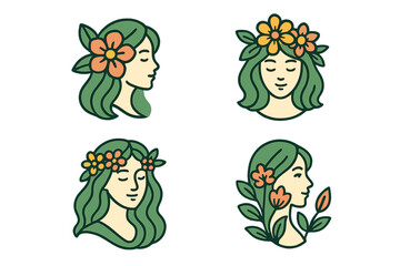 Woman face logo floral beauty. Girl head with flowers icon set. Natural cosmetic spa salon symbol. Vector character illustration. Feminine profile with green hair leaf wreath.