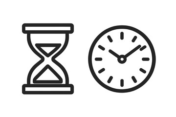Minimalistic hourglass and clock icon set. Modern time management pictogram for web design, apps, banners, social media, and business cards. Cartoon vector illustration with transparent background.