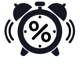 Alarm clock with percentage symbol indicating limited time discount sale promotion offer