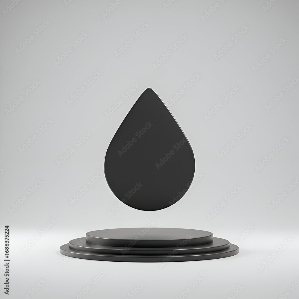 Poster matte black teardrop-shaped object on a minimalist three-tiered platform in a neutral studio setting