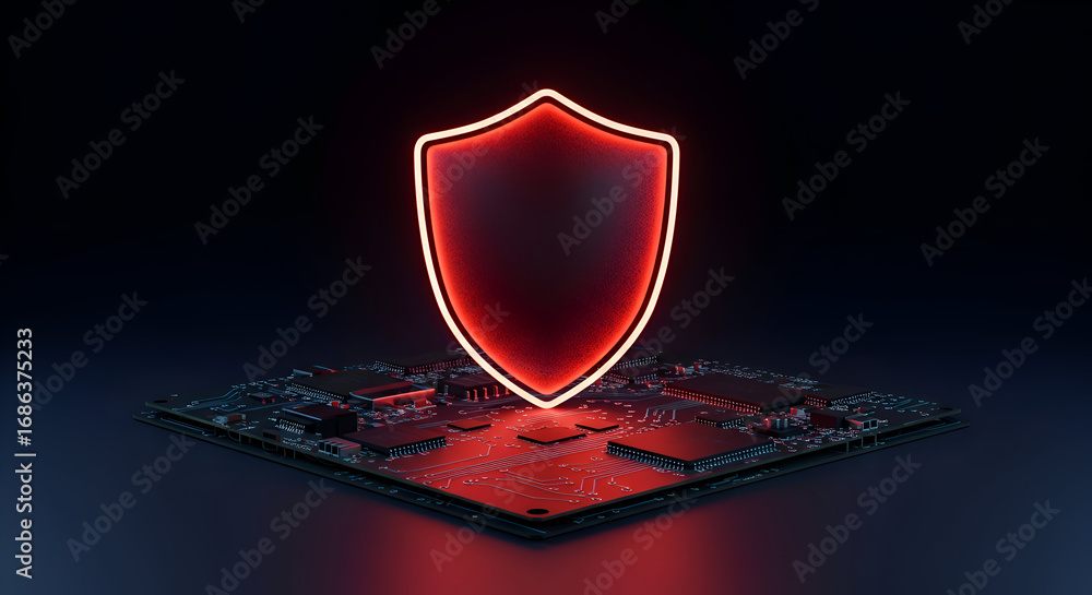 Aufkleber red glowing shield graphic over circuit board. modern design with dark background highlighting techn