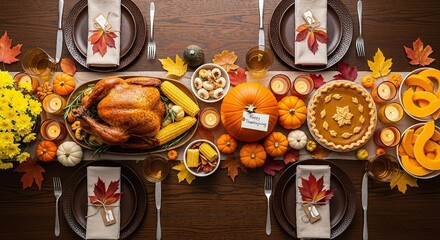 Thanksgiving Table Setting with Roasted Turkey, Pumpkin Pie and Autumn Decorations | Festive Dinner Layout for Holiday Food Blog, Family Gathering Invitation, and Seasonal Marketing