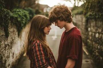 Young couple standing alleyway facing each other girl teen