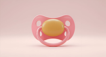 Obraz premium Pink pacifier with yellow center against a soft pink background. Infant pacifier displayed centrally on a plain backdrop. Baby product for a parent or caregiver. nursery.