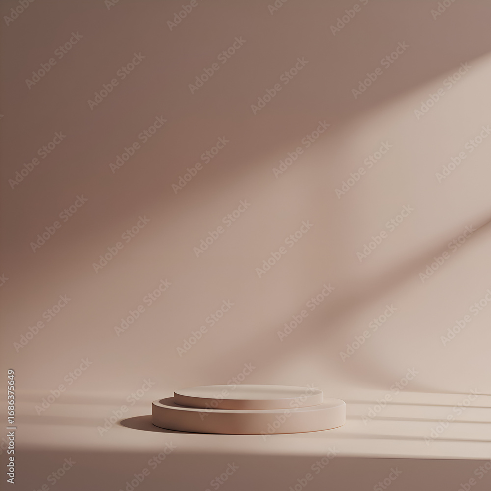 Poster beige double pedestal display stand with no people or objects on it. empty platform against a neutra