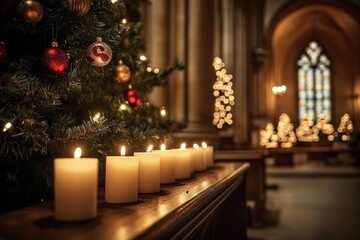 Row white candles wooden table church are arranged Lots of burning