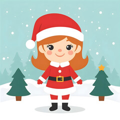 little Girl wearing Santa Claus outfit on winter cartoon 