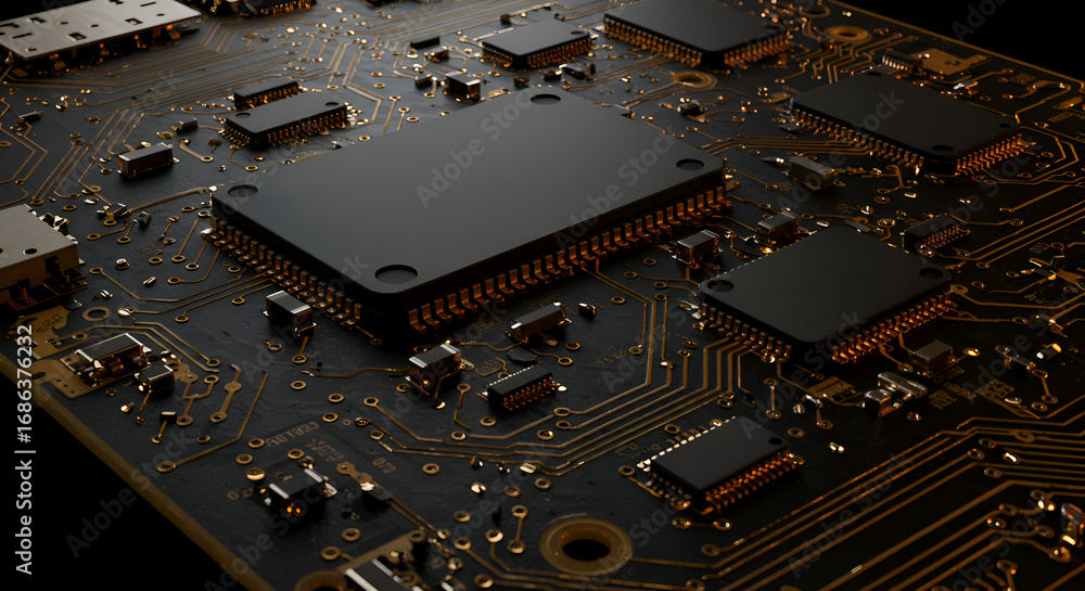 Aufkleber close-up of a complex circuit board with intricate gold circuitry and black components. detailed vie