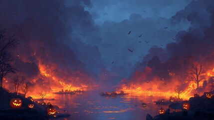 Glowing Jack-o'-Lanterns Lining Fiery River with Bats in Night Sky Halloween Background,generative ai