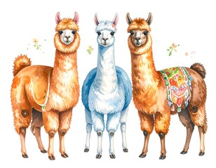 Watercolor illustration of three llamas