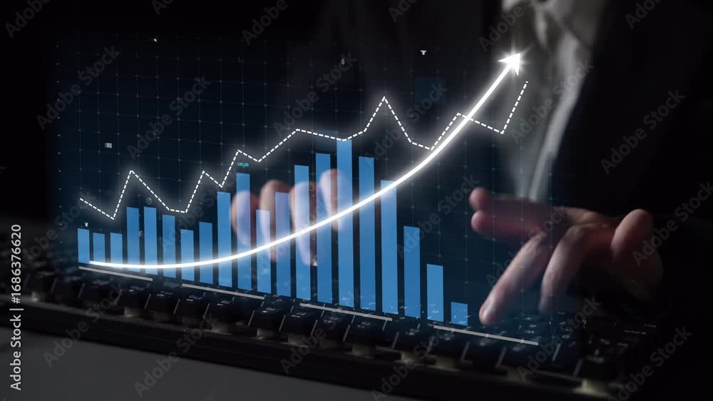 Poster a business professional analyzes data trends using digital charts and graphs on a computer, focusing